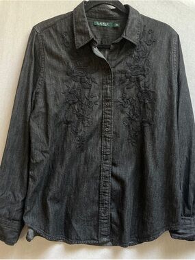 Lauren Ralph Lauren Black Floral Embroidered Denim Button Down Shirt L